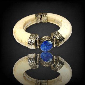 Vintage Ivory inlay Bone and Brass Hinged Bracelet, Lapis Lazuli Stone